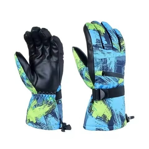 Blue And Lime Green Graphic Print Ski  Snowboard Gloves