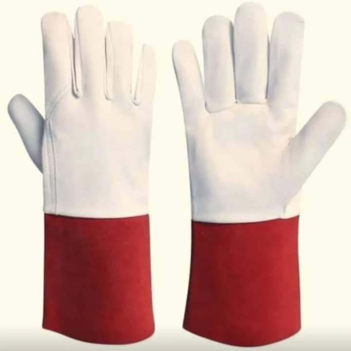 White Grain Goatskin  Cowhide TIG Welding Gloves With Red Split Cuff